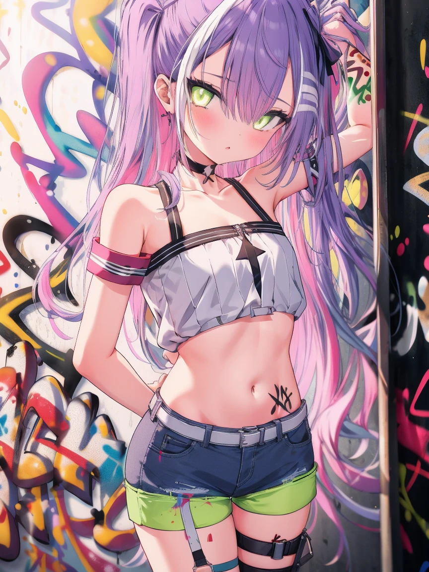 absurdres, best quality,1girl, solo, Tokoyami Towa, streaked hair, crop top, denim shorts, choker, (graffiti:1.4), paint splatter, arms behind back, (slouching), (leaning back:0.5), against wall, (leaning to the side:0.5), looking at viewer, armband, thigh strap, streaked hair, paint on body, upturned eyes, head down, head tilt, (from side:1), bored