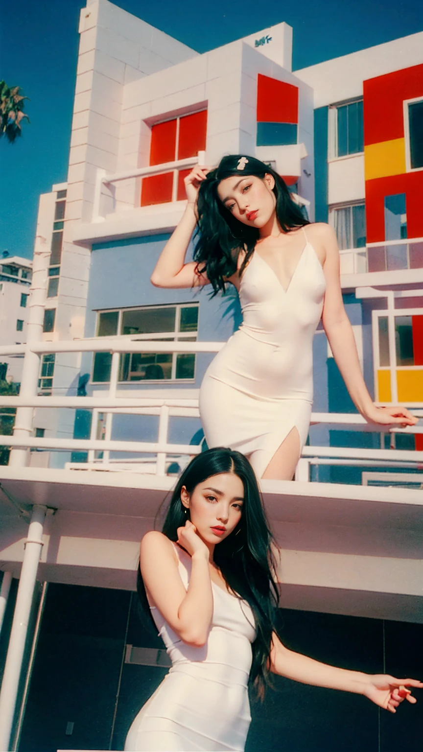 1 girl, beautiful, black bob hair, almond eye, no makeup, wear elegant sexy drees,pose in front of ((80's mondrian architecture colorful motel)),(from below:1.2), (realistic:1.1), (surreal:1.2), (very detailed:1.1), ((masterpiece)),summer, blue sky, palm trees,sunny, los angles vibes