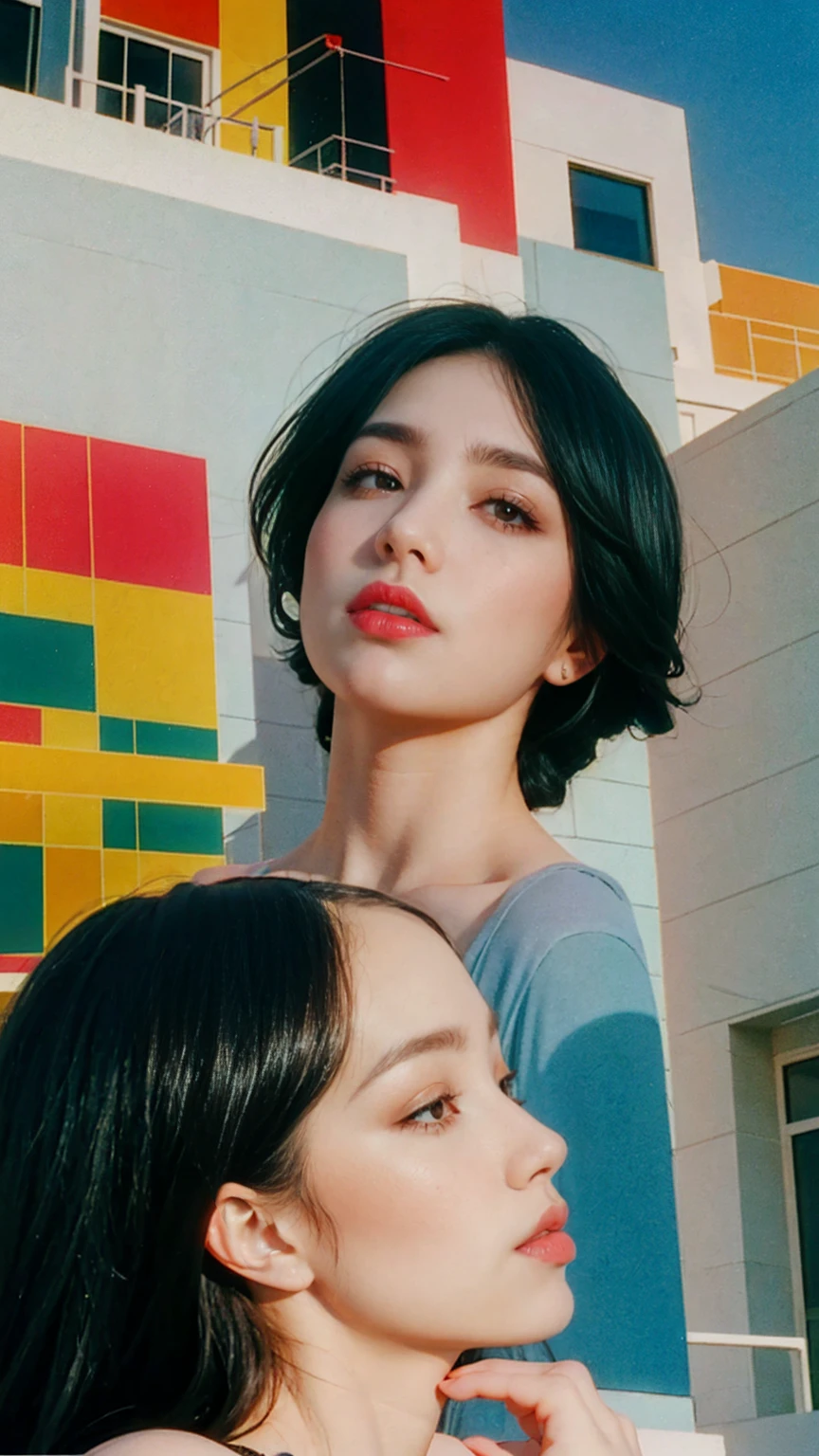1 girl, beautiful, black bob hair, almond eye, no makeup, wear elegant sexy drees,pose in front of ((80's mondrian architecture colorful motel)),(from below:1.2), (realistic:1.1), (surreal:1.2), (very detailed:1.1), ((masterpiece)),summer, blue sky, palm trees,sunny, los angles vibes