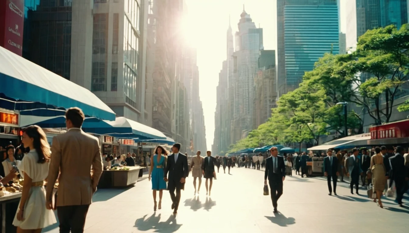 middle ground camera view of many kind of beautiful females walking on the street wearing very sexy short dresses and deep cleavaged futuristic fashion clothes,They are walking in a pedestrian street in a megacity at morning time. Males are wearing suits or t-shirt with blue jeans. In the heart of the dysoptian futuristic megacity there are street vendors, candelabra, benches on which people sit, colorful signs, cables.The people have photorealistic faces and bodies, detailed facial features, perfect eyes and mouthes and skins with real human hands, rule of thirds.Different futuristic high tech vehicles. Different styled buildings cover the side of the futuristic street, the natural light of the sun illuminates at daytime. Bustling megacity with many skyscrapers in the background, Natural lights, neutral colors, lomochrome, vintage color tones, dramatic, dynamic composition.Lifelike textures, sharp focus, depth of field, cinematic lighting, Contrast lighting, volumetric lighting, best shadows,sharp focus, depth pf field, photorealism, Realism, Cinematic, Photoreal, 35mm film Screengrab a Super Panavision film, in color. best quality , hdr, uhd, 8k, 35 mm film, analog camera shot.
