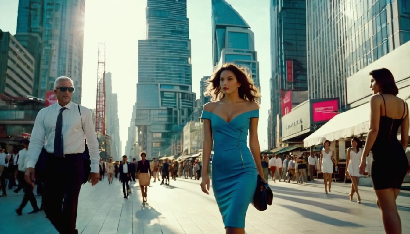 middle ground camera view of many kind of beautiful females walking on the street wearing very sexy short dresses and deep cleavaged futuristic fashion clothes,They are walking in a pedestrian street in a megacity at morning time. Males are wearing suits or t-shirt with blue jeans. In the heart of the dysoptian futuristic megacity there are street vendors, candelabra, benches on which people sit, colorful signs, cables.The people have photorealistic faces and bodies, detailed facial features, perfect eyes and mouthes and skins with real human hands, rule of thirds.Different futuristic high tech vehicles. Different styled buildings cover the side of the futuristic street, the natural light of the sun illuminates at daytime. Bustling megacity with many skyscrapers in the background, Natural lights, neutral colors, lomochrome, vintage color tones, dramatic, dynamic composition.Lifelike textures, sharp focus, depth of field, cinematic lighting, Contrast lighting, volumetric lighting, best shadows,sharp focus, depth pf field, photorealism, Realism, Cinematic, Photoreal, 35mm film Screengrab a Super Panavision film, in color. best quality , hdr, uhd, 8k, 35 mm film, analog camera shot.