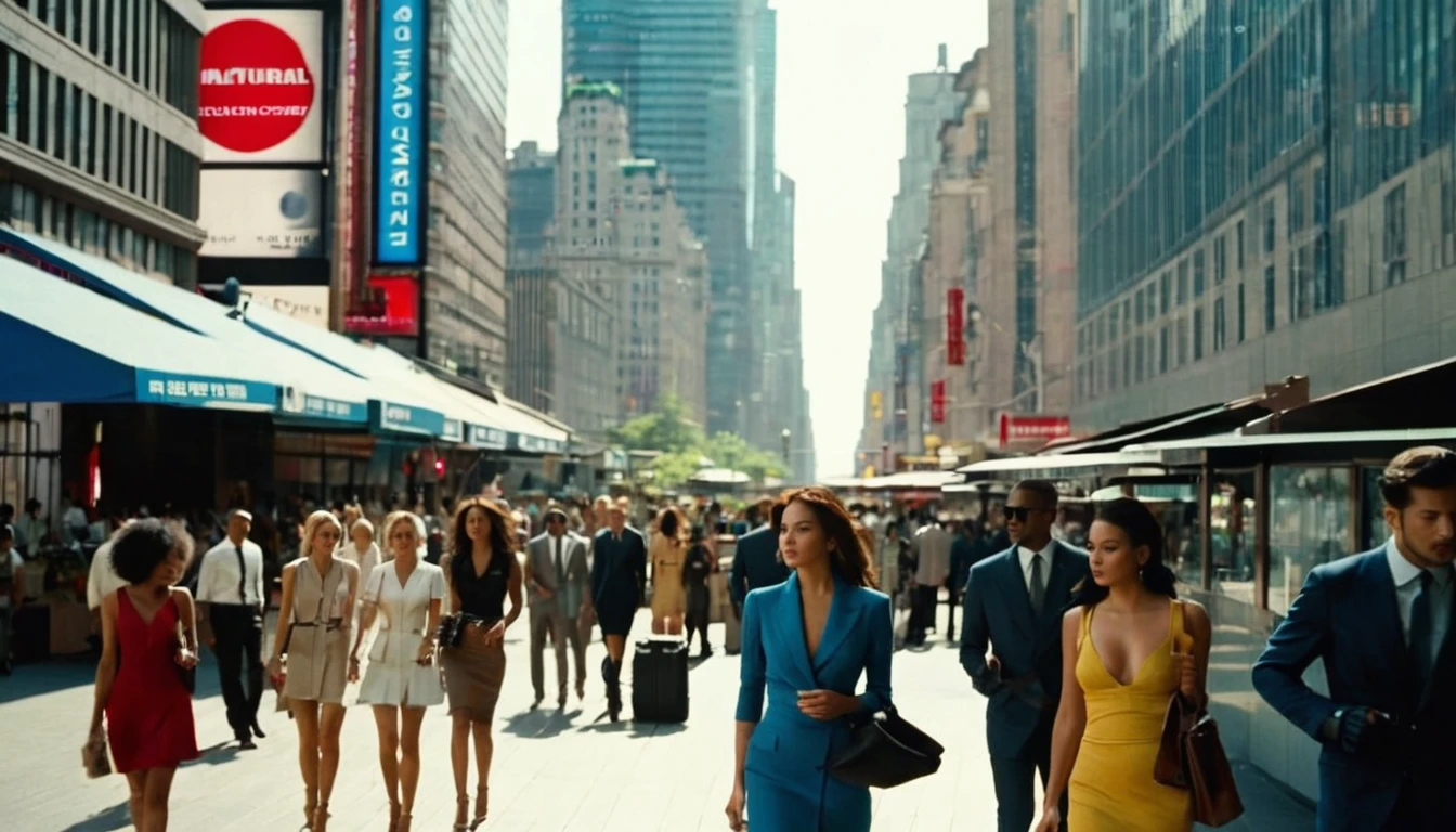 middle ground camera view of many kind of beautiful females walking on the street wearing very sexy short dresses and deep cleavaged futuristic fashion clothes,They are walking in a pedestrian street in a megacity at morning time. Males are wearing suits or t-shirt with blue jeans. In the heart of the dysoptian futuristic megacity there are street vendors, candelabra, benches on which people sit, colorful signs, cables.The people have photorealistic faces and bodies, detailed facial features, perfect eyes and mouthes and skins with real human hands, rule of thirds.Different futuristic high tech vehicles. Different styled buildings cover the side of the futuristic street, the natural light of the sun illuminates at daytime. Bustling megacity with many skyscrapers in the background, Natural lights, neutral colors, lomochrome, vintage color tones, dramatic, dynamic composition.Lifelike textures, sharp focus, depth of field, cinematic lighting, Contrast lighting, volumetric lighting, best shadows,sharp focus, depth pf field, photorealism, Realism, Cinematic, Photoreal, 35mm film Screengrab a Super Panavision film, in color. best quality , hdr, uhd, 8k, 35 mm film, analog camera shot.
