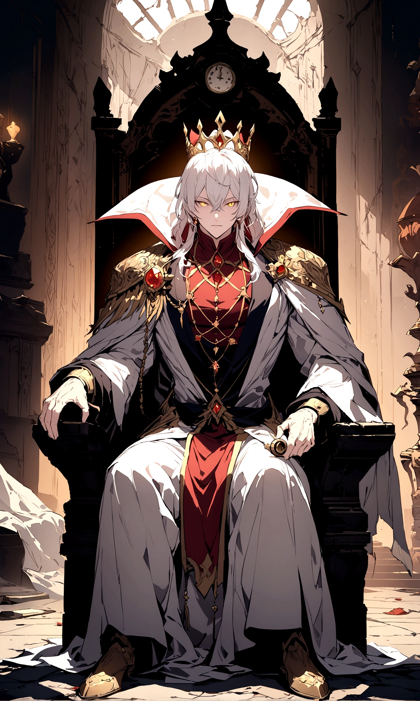 A white-haired, golden-eyed prince sits on a majestic throne inside an abandoned palace with crown holding an ancient clock in his right hand. The environment around him is dark and gloomy, with cracks in the walls and cobwebs hanging there. The throne is ornate, with details in gold and precious stones, and is covered by a dusty cloth. The protagonist is wearing royal clothing, with a determined expression on his face, as he stares at the horizon with glowing golden eyes, masterpiece, best quality, ultra-detailed, illustration, 8k resolution concept art, fantasy art, epic art, concept art wallpaper 4k, deep color, natural lighting. adult, handsome, tall muscular guy, broad shoulders.