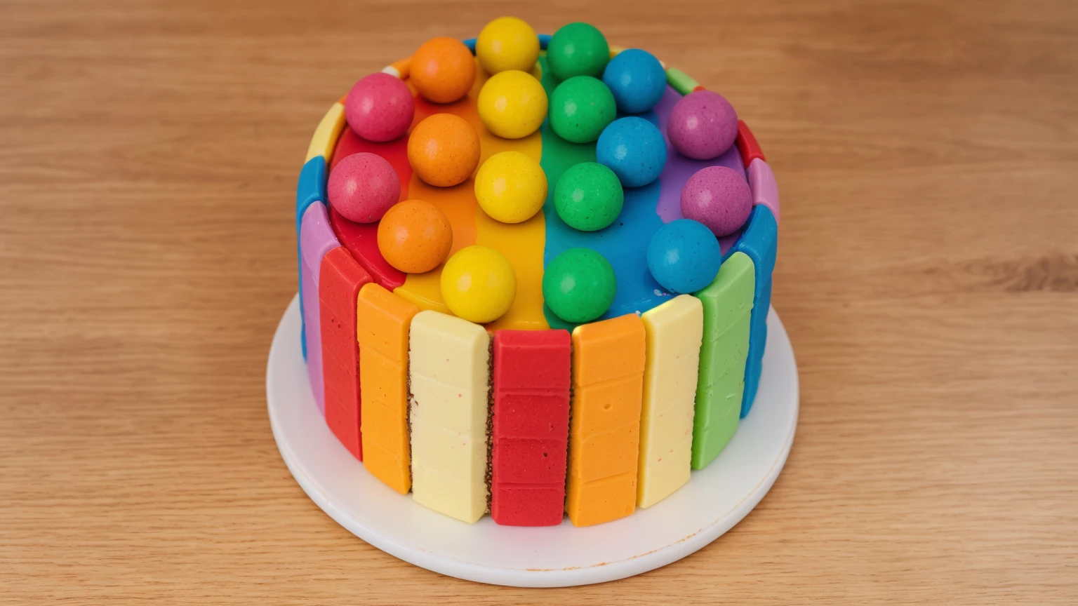on a wooden table, on a white porcelain plate, a tiny cake, the walls of the cake are made of multi-colored chocolate bars, on top are multi-colored cream stripes, multi-colored candies in the form of balls, bright lights, soft light, window light, professional lighting, light from the window, neat light, realistic texture, realistic style, detailed texture, high quality, high resolution, high quality rendering, realistic photo, brightning light, macro photo
