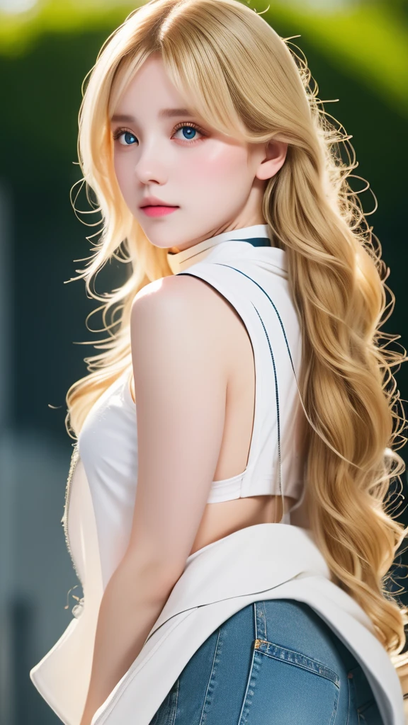 1 girl, medium breasts, blonde hair, long hair, wavy hair, gray eyes,outdoor, white jacket, choker, Tank top, jeans,highest quality、ultra high resolution、Super detailed、masterpiece:1.5、Backlight、cinematic lighting、professional photographer、50mmlens