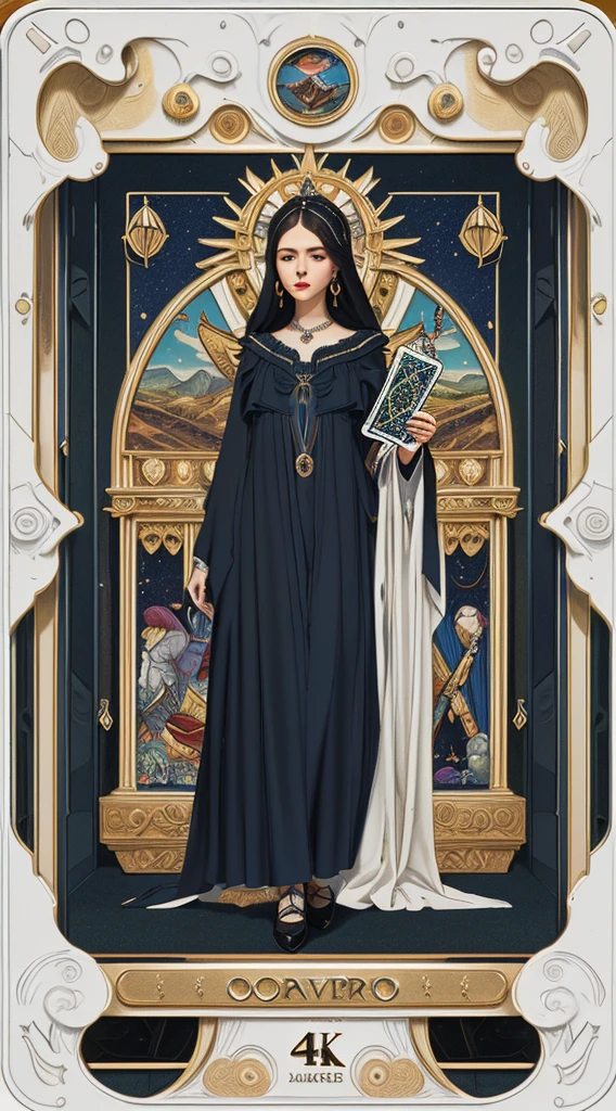 (best quality,4K,8K,height,Masterpiece:1.2),very detailed,(realistic,photorealistic,photo-realistic:1.37),Tarot cards,elegant border,white background,bright colors,beautiful elements,Mysterious atmosphere,Iconic decoration,detailed texture,Surrealism