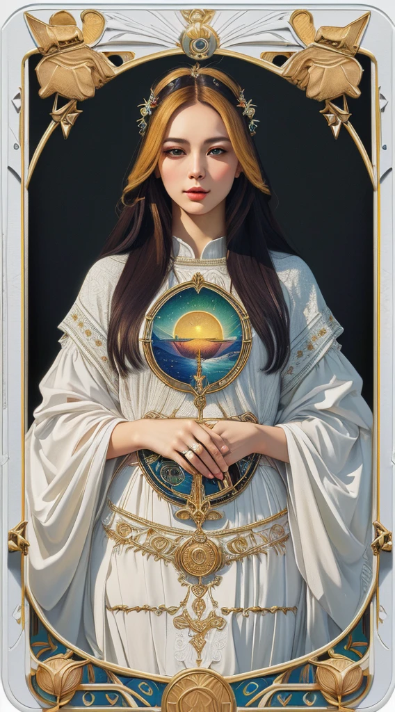 (best quality,4K,8K,height,Masterpiece:1.2),very detailed,(realistic,photorealistic,photo-realistic:1.37),Tarot cards,elegant border,white background,bright colors,beautiful elements,Mysterious atmosphere,Iconic decoration,detailed texture,Surrealism