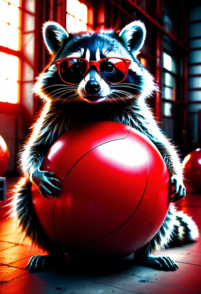 a photorealistic raccoon wearing sunglasses casually leaning on a large red ball in an industrial hall, detailed facial features, intricate fur textures, dramatic lighting, highly detailed background, cinematic composition