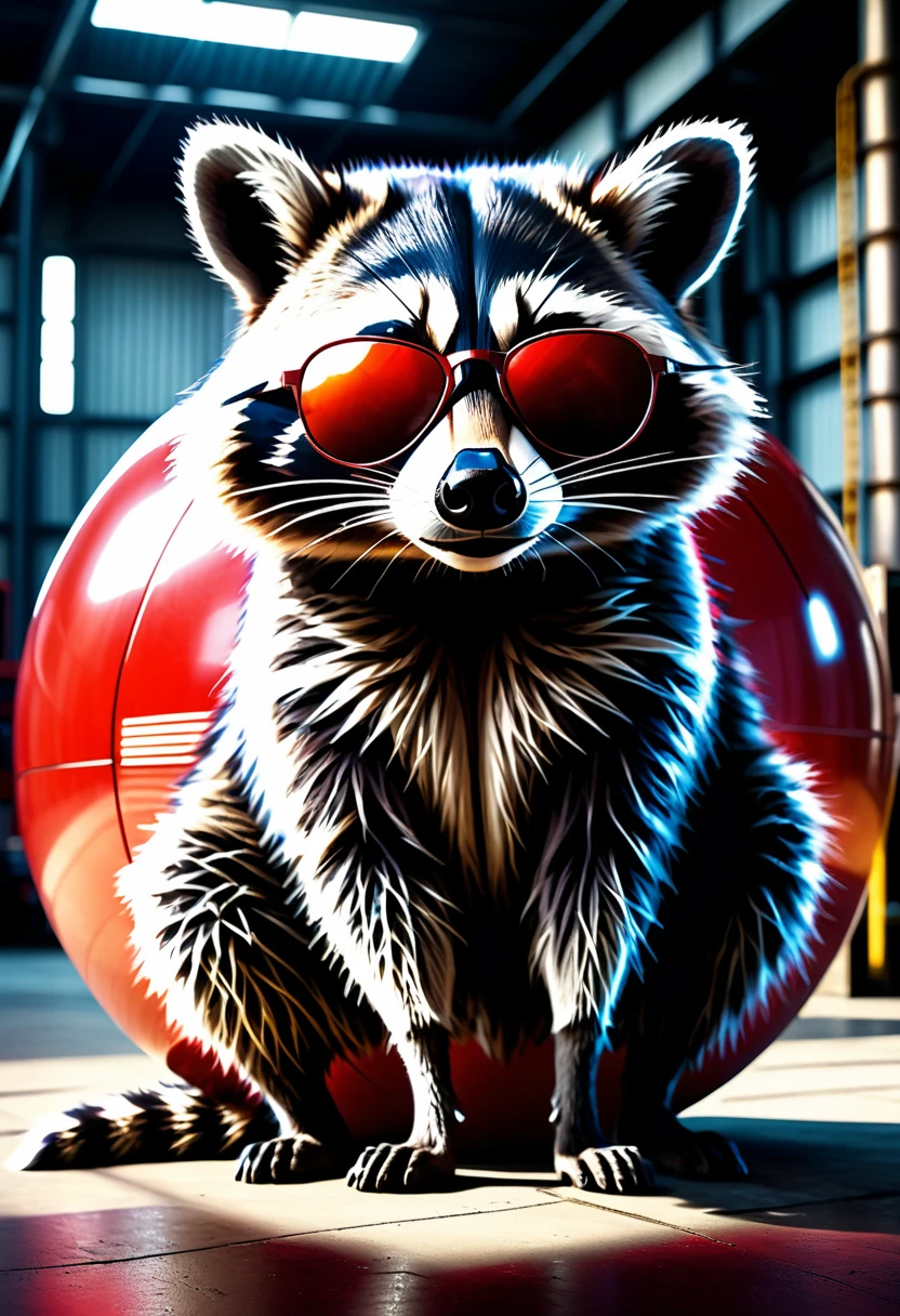 a photorealistic raccoon wearing sunglasses casually leaning on a large red ball in an industrial hall, detailed facial features, intricate fur textures, dramatic lighting, highly detailed background, cinematic composition