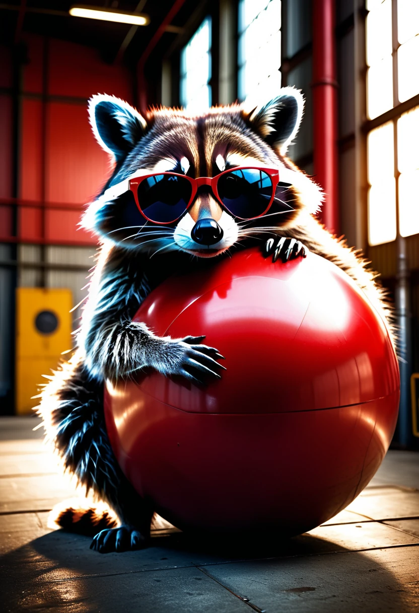 a photorealistic raccoon wearing sunglasses casually leaning on a large red ball in an industrial hall, detailed facial features, intricate fur textures, dramatic lighting, highly detailed background, cinematic composition