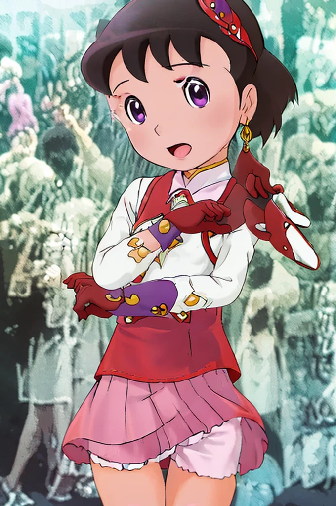 (masterpiece), (best quality), (ultra-detailed), intricate detail, detailed beautiful face and eyes,1girl, solo, purple eyes, purple hair, long dark blue hair, white earrings, red hairband, star hair ornament,fingerless gloves, gloves,pantyhose, jewelry, pleated_skirt,red skirt, short sleeves, Blunt Bangs,shizuka,hot