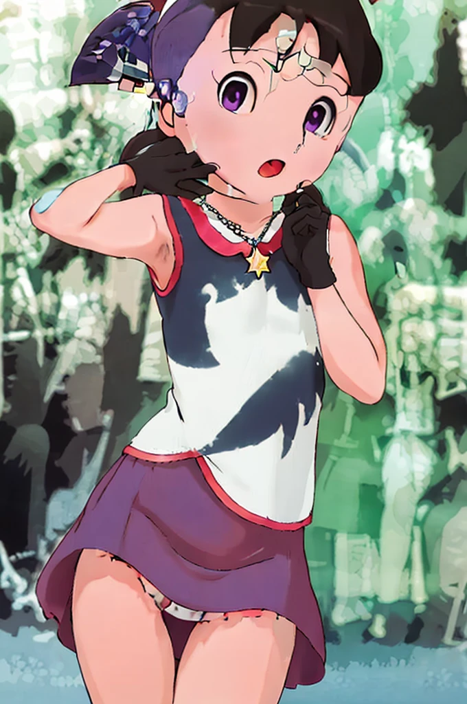 (masterpiece), (best quality), (ultra-detailed), intricate detail, detailed beautiful face and eyes,1girl, solo, purple eyes, purple hair, long dark blue hair, white earrings, red hairband, star hair ornament,fingerless gloves, gloves,pantyhose, jewelry, pleated_skirt,red skirt, short sleeves, Blunt Bangs,shizuka,hot