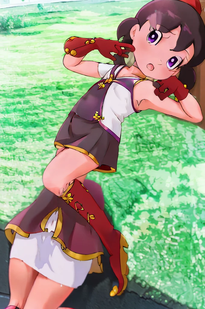 (masterpiece), (best quality), (ultra-detailed), intricate detail, detailed beautiful face and eyes,1girl, solo, purple eyes, purple hair, long dark blue hair, white earrings, red hairband, star hair ornament,fingerless gloves, gloves,pantyhose, jewelry, pleated_skirt,red skirt, short sleeves, Blunt Bangs,shizuka,hot