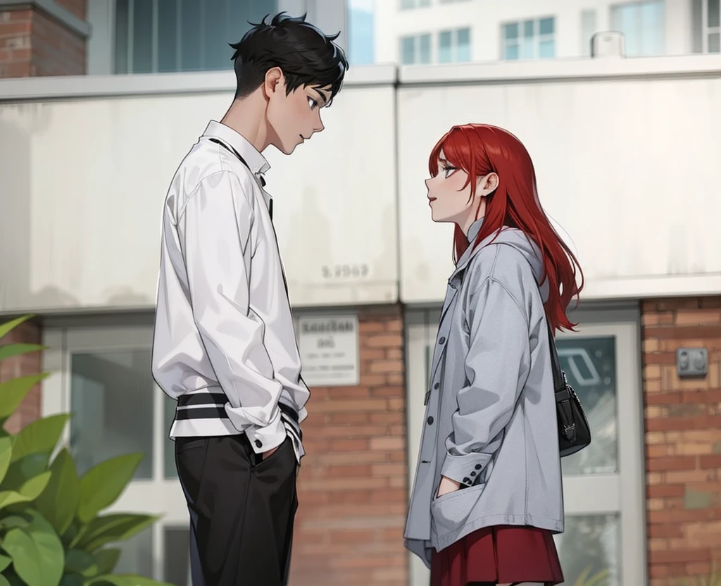 There is a boy with white hair and a girl with red hair, their clothes are black, they are talking.