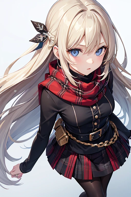 (Artwork), (ultra detailed), (straight, blonde and long hair), (1 girl, ager), beautiful detailed eyes, delicate and beautiful face, (grayish blue eyes), black turtleneck, a black and red plaid skirt, nylon pantyhose, a red scarf and a belt, cold and postural facial expression, snowflake hair ornament, (illustration), from above, (best quality)