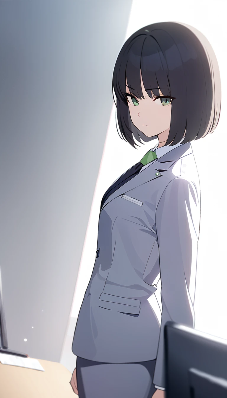 (masterpiece, high quality, best quality, highres,) One Woman, young, black hair, bob cut, Green Eyes, Athletic build, expressionless, closed mouth, office staff suit, Simple white background, standing, cowboy shot, (from the front)