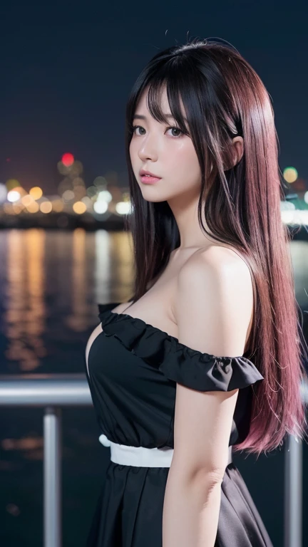 ((Highest quality)),((最high resolution)),((high resolution)),((detailed)),((High definition)),((8K)),((Perfect body)),((Perfect Face)),((Realistic)),((Real)),((Realistic)),((Beauty)),Wharf、Outdoor、night、City、night景、Black Hair、((Only the tips of the hair are pink))、Straight long hair、Very dense makeup、((Black clothes))、Black ruffled off-shoulder top、((Slanted Eyes))、White Skirt、(big breasts:1.1)、profile、((View from the left side))、A melancholic look、(profile)、(((View here)))