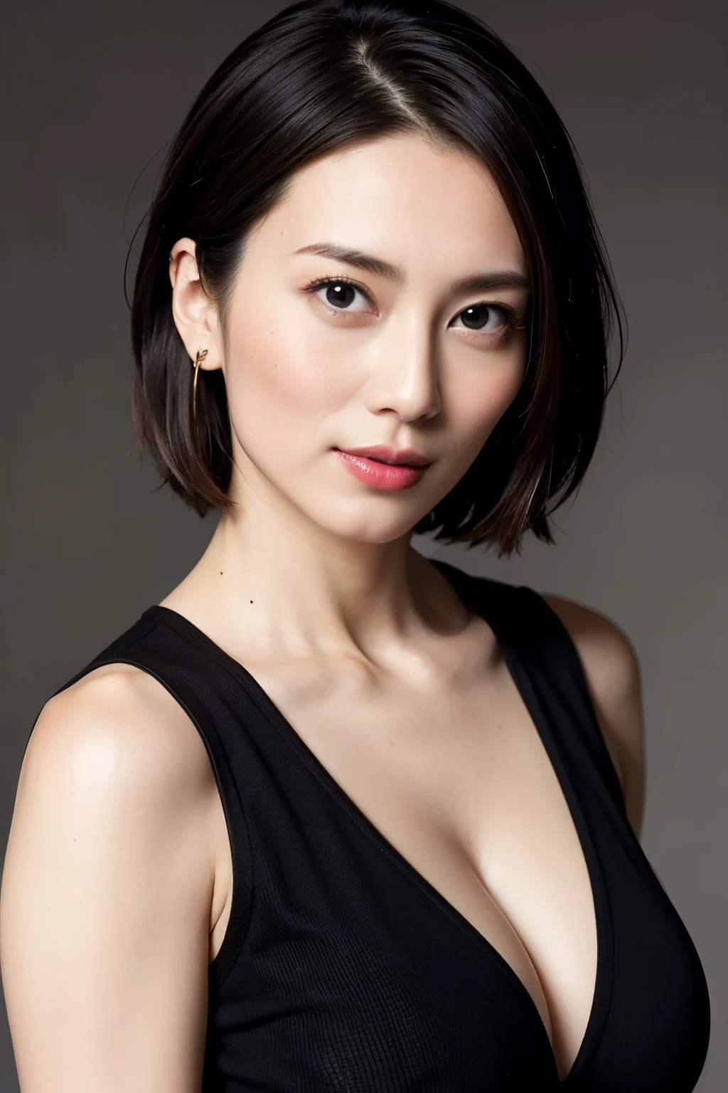 Highest quality, Realistic, Super detailed, High resolution, Plain background, 8k wallpaper, Beautiful Japanese Women, 1 person, Very cute and slim, Excellent style, Very delicate face, Super detailedな肌の質感, Red lipstick, Perfect Makeup, short hair, straggling hair, Gradient Hair, Super detailedな目と鼻, Sharp Eyes, Simple Background, Looking at the audience, Upper Body Shot, Cleavage, V-neck light knit