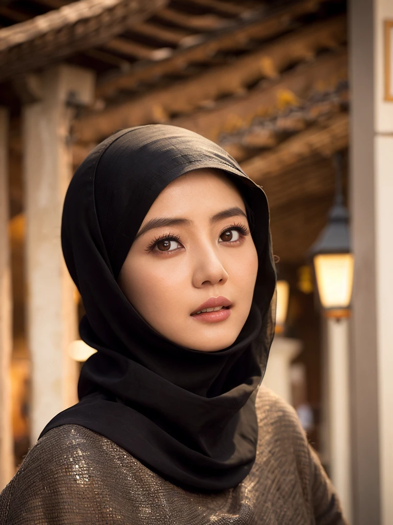 1girl, Chinese girl, hijab, walking in Iran, detailed face, beautiful detailed eyes, beautiful detailed lips, extremely detailed eyes and face, long eyelashes, traditional Iranian clothing, ornate hijab, intricate embroidery, warm lighting, cinematic composition, photorealistic, 8k, hyper detailed, masterpiece, realistic, cinematic lighting, vivid colors, muted color palette, golden hour, natural lighting