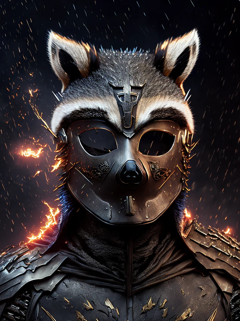 Close-up (Terminator Flash from DC in Viking style: 1.3) (raccoon mask:1.6), emerging from wet black mud, extremely detailed, smoke, sparks, metal shavings, flying debris, volumetric light