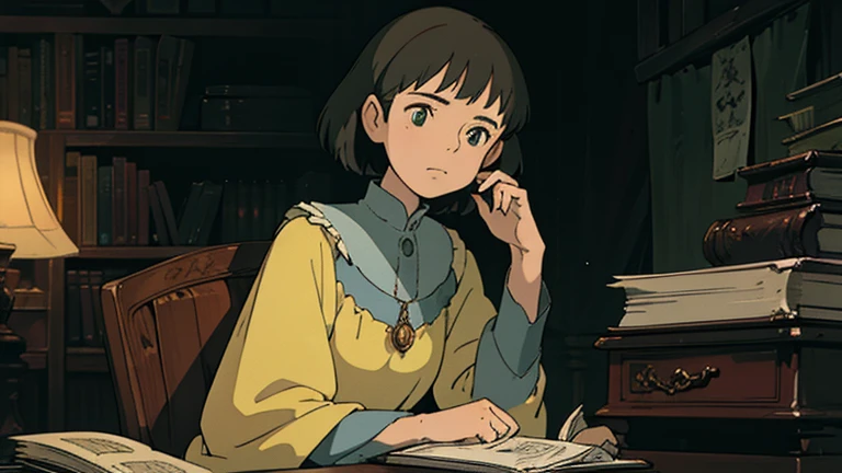 A girl, ensconced in a cozy corner on a rainy evening, sits surrounded by a jumble of books with an intensely profound study attitude. The soft yellow glow of the desk lamp illuminates her thoughtful expression, revealing her deep concentration and composed posture. Her inquisitive eyes dart back and forth between the pages, her nimble fingers turning them with subtle tilt, as she absorbs the old world wisdom contained within. The timeworn margins and sultry aura of the books add to the quiet night ambiance, creating a peaceful and tranquil countenance. This scholarly young woman, clad in plain attire, appears to be a seeker of knowledge and intellect