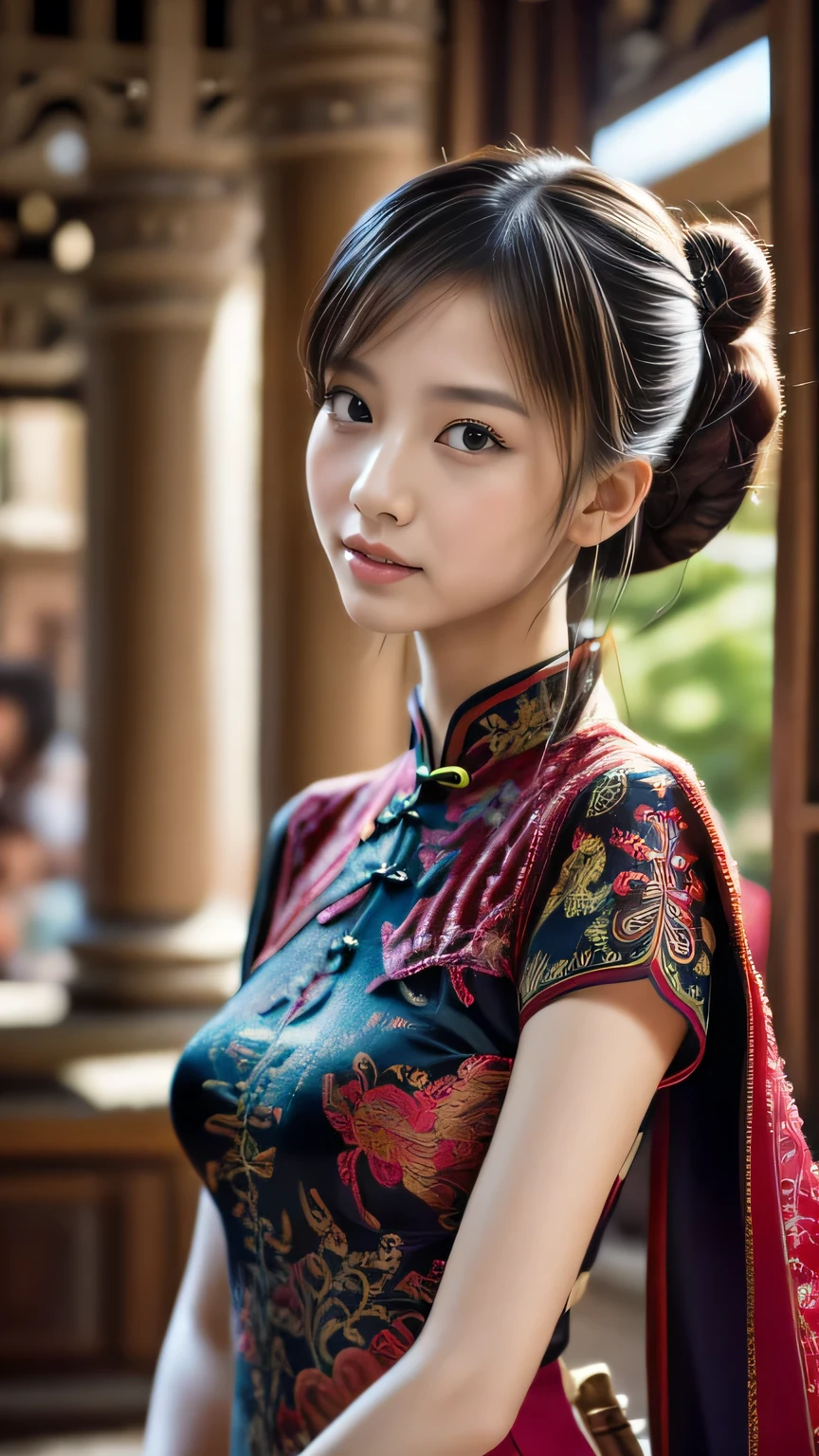 illustration of a woman red cheongsam, intrcate detailed embroidery, double bun, hair ornaments, sandal, 
Chinese Architecuture, 
Vivid contrasts, Gentle touch rendering, Accurate detail, high detail, Precision, High quality oil painting, Stunning beautiful touch rendering, Fantasy,