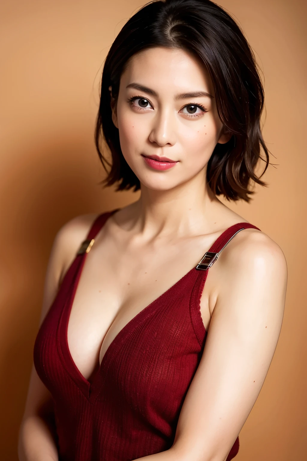 Highest quality, Realistic, Super detailed, High resolution, Plain background, 8k wallpaper, Beautiful Japanese Women, 1 person, Very cute and slim, Excellent style, Very delicate face, Super detailedな肌の質感, Red lipstick, Perfect Makeup, short hair, straggling hair, Gradient Hair, Super detailedな目と鼻, Sharp Eyes, Simple Background, Looking at the audience, Upper Body Shot, Cleavage, V-neck light knit