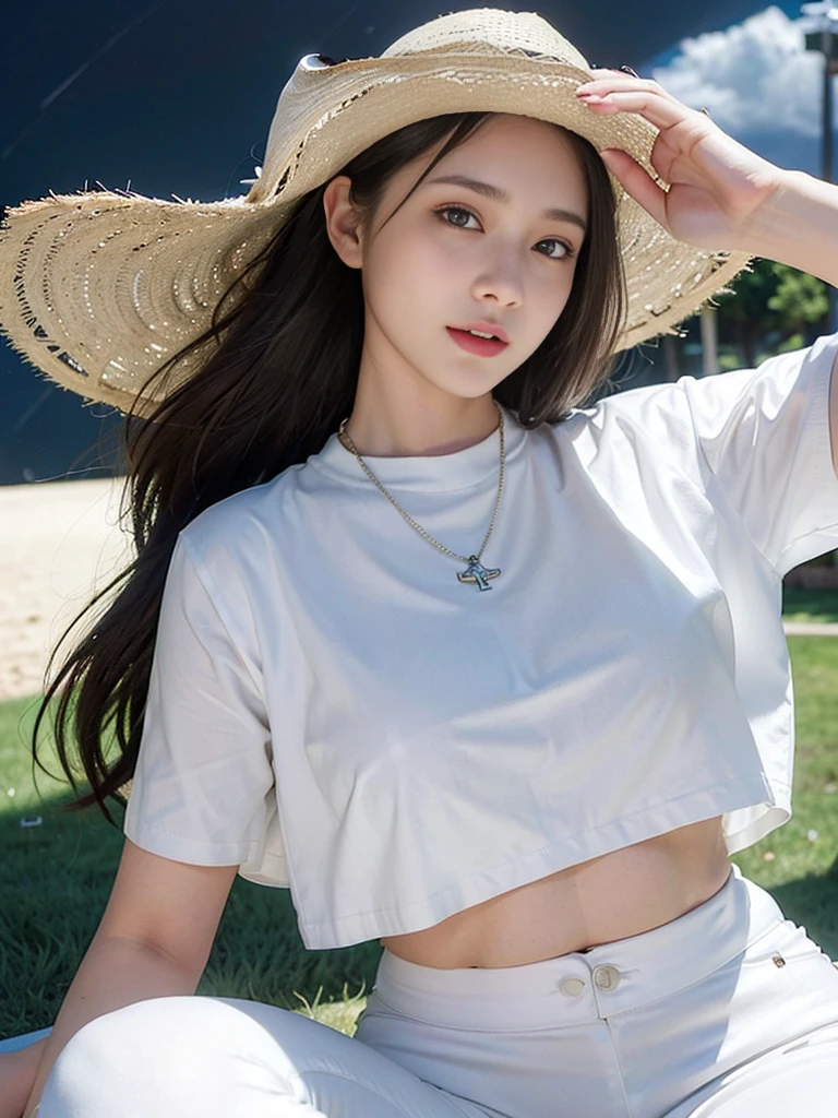 Look at this and smile、Colorful summer clothes、top quality、masterpiece、超High resolution、(actual:1.4)、Very wide lens、close up、Young woman beautiful、Nice detailed eyes and skin、smile、Short brown hair haircut、bust、Small necklace、、straw fedora hat、、Summer sky、(highest image quality: 1.35), high quality, Realistic photo, (A beautiful woman:1.33), beautiful expression, (delicate eyes:1.3), (delicate face:1.3), Smile, (light hair silhouette:1.2), Super detailed , high resolution, Athletic figure, (big breasts:1.25), (long hair:1.2), (beautiful woman), (Cute navel:1.2), ( Depth of field f/1.8:1.45 ), sharp focus, original image , (Thin white shirt:1.45), (Thin white pants:1.4), (Thin white tight pants:1.4 ), (shirt thin white eyelashes:1.4), (thick thighs:1.5), (forward facing:1.25), (cowboy photo:1.4), (night sports:1.4), ( dark sky:1.5 ),