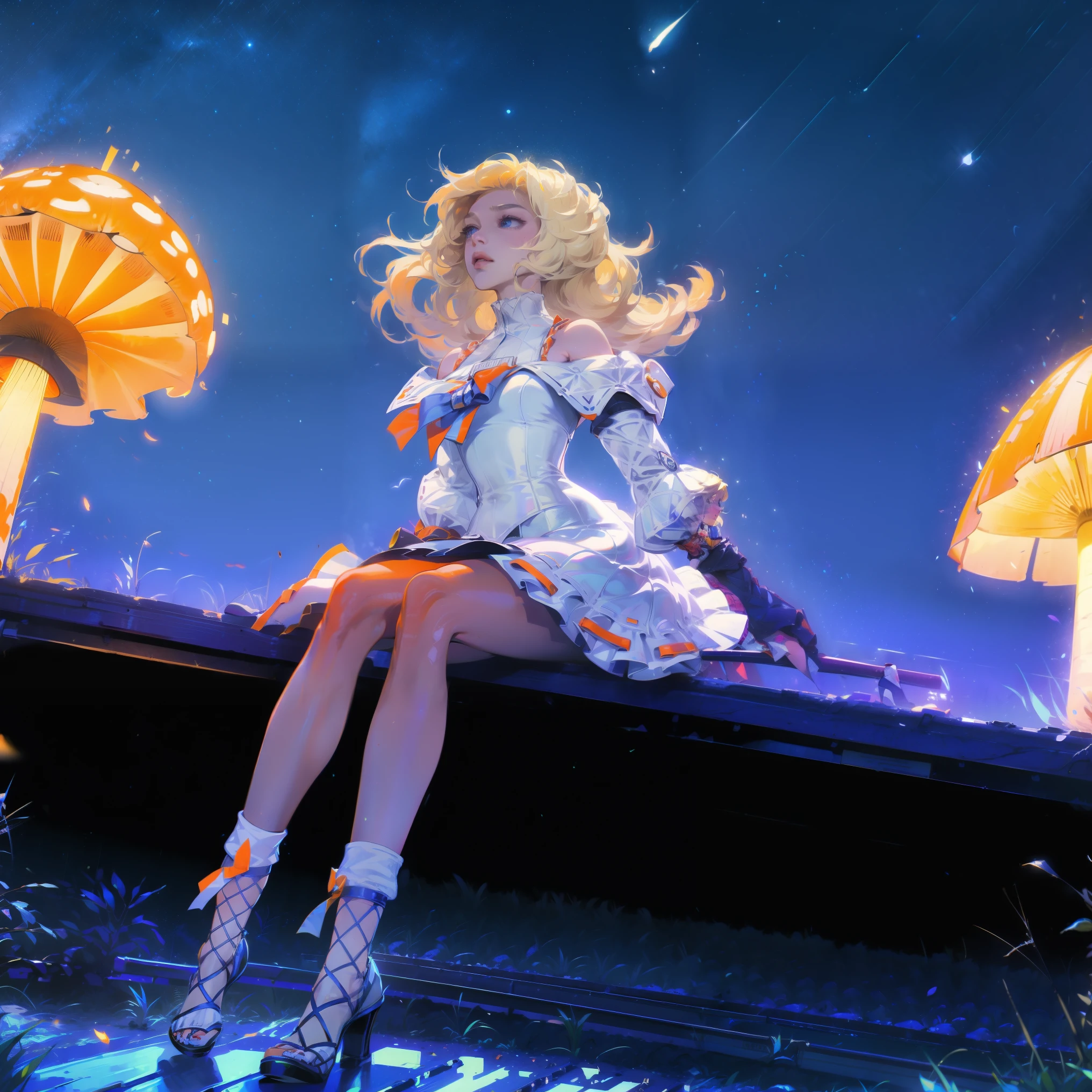 Abandoned station. A girl walking alone on the railroad tracks. The wind messed up her hair.，Anime girl with light blonde hair，With light blue eyes，Wearing an off-the-shoulder dress with puff sleeves，Sitting in the woods，Next to it is an orange mushroom，Surrounded by fireflies under the stars
