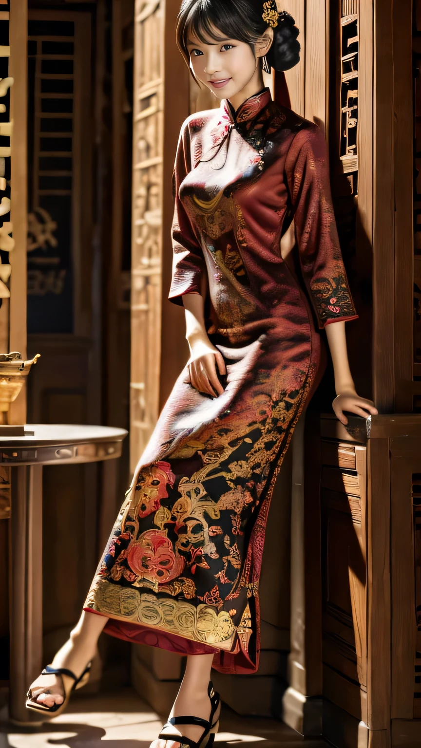 illustration of a woman red cheongsam, intrcate detailed embroidery, double bun, hair ornaments, sandal, 
Chinese Architecuture, 
Vivid contrasts, Gentle touch rendering, Accurate detail, high detail, Precision, High quality oil painting, Stunning beautiful touch rendering, Fantasy,