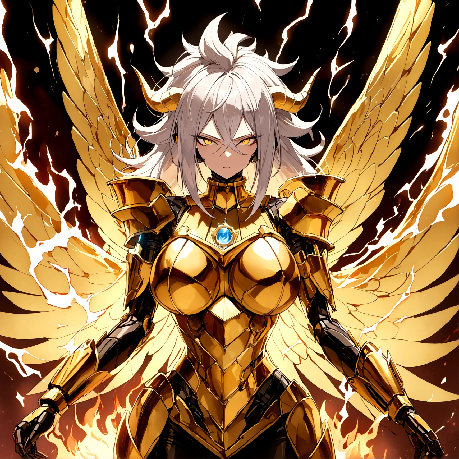 ((((Rasengan)))), ((Lightning Power)), ((Electricity)), ((Fire Background)), ((Lightning Storm)), ((Power Erupting)), ((((android 21)))), (((Evil Power))), (((white Coat))), (((Busty))), (((((Big breast:1,3)))), luxury bustier corset, (((silver hair))), (((Very slim waist))), propotional body, ((Gorgeous)), (((Fire Blazing Horns))), ((((gold wings))), masterpiece, hyperdetail, ambient effect, digital effect, (((Fire Gold Armor))), (((Lightning Gold Wings)))