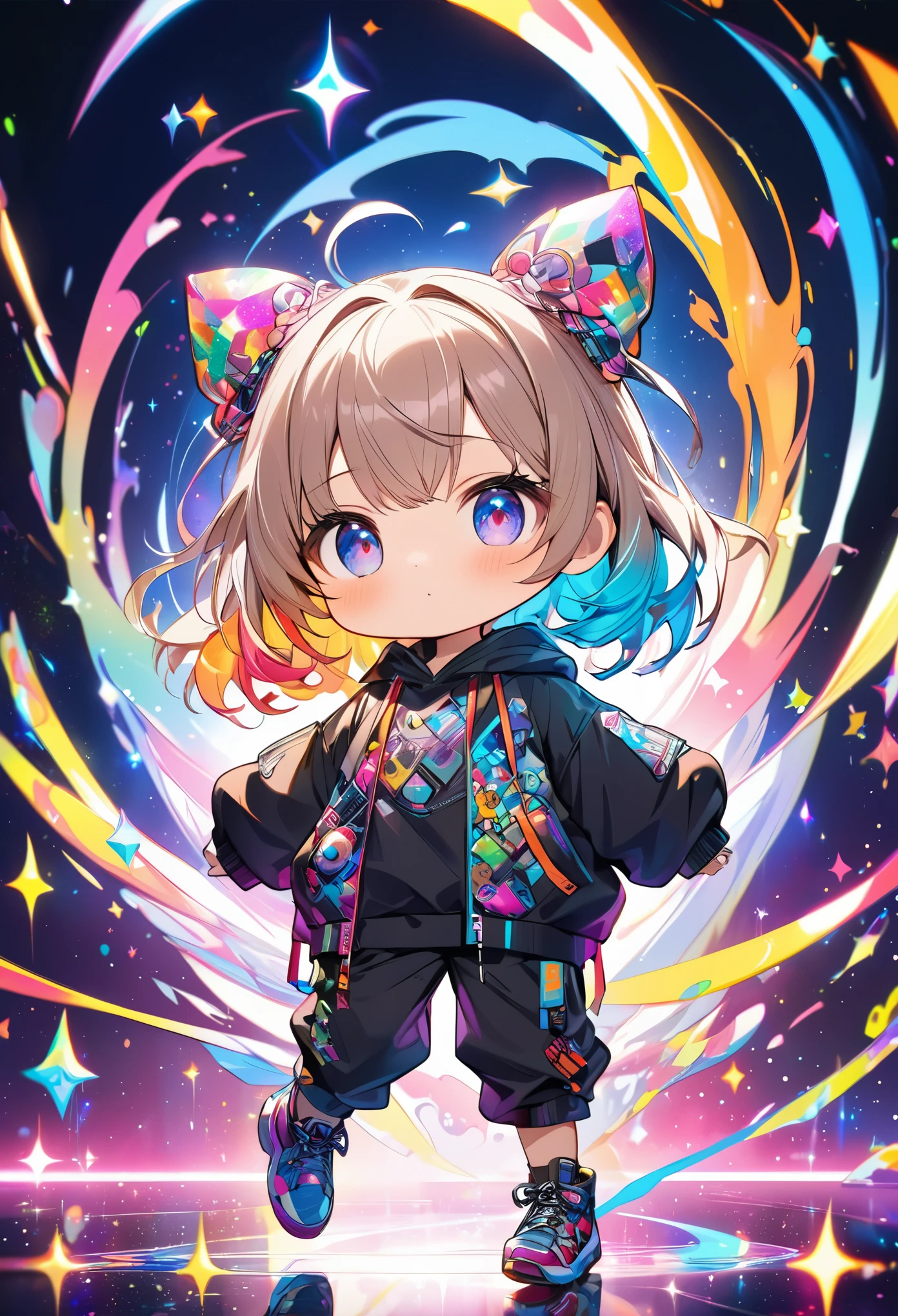 best quality, incredibly absurdres, extremely detailed, 2.5D, delicate and dynamic, chibi, cute girl, wearing loose baggy rapper-style costume, sparkly and vivid color effects, background another dimension