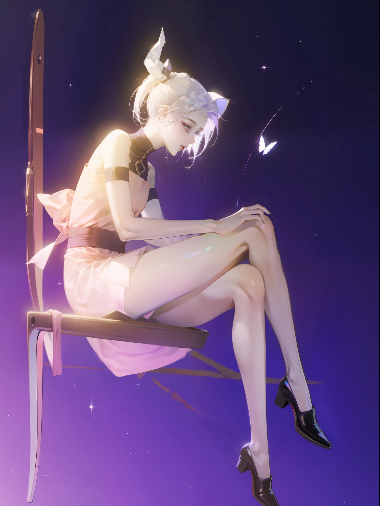 1 girl，Shimizu，Blue Butterfly，Pure white gauze skirt，shiny，Sitting in the air
