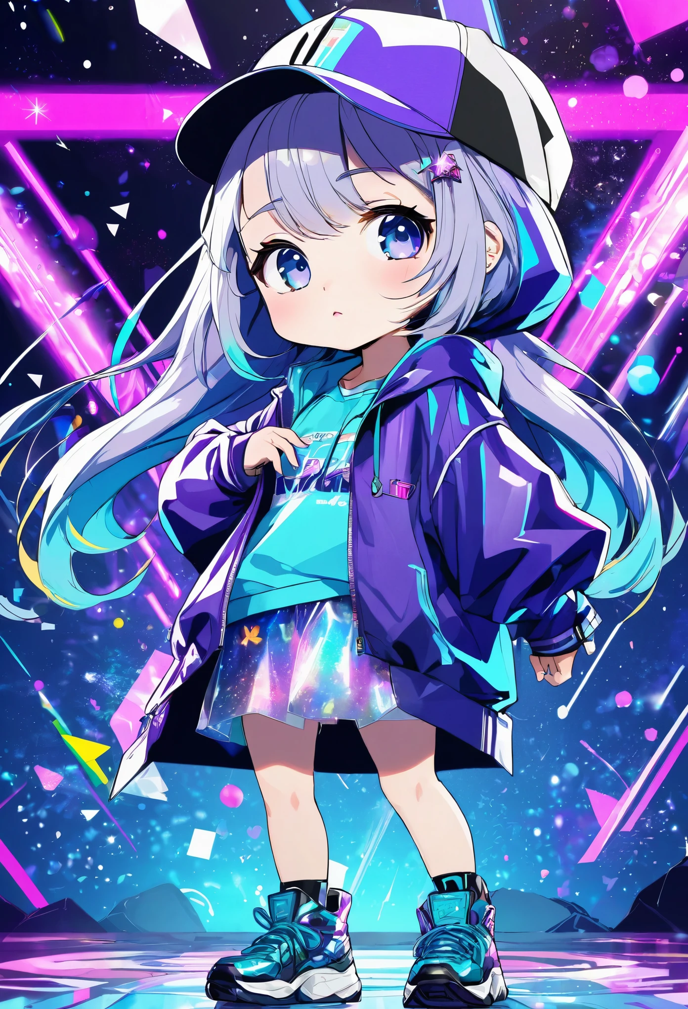 best quality, incredibly absurdres, extremely detailed, 2.5D, delicate and dynamic, chibi, cute girl, wearing loose baggy rapper-style costume, sparkly and vivid color effects, background another dimension