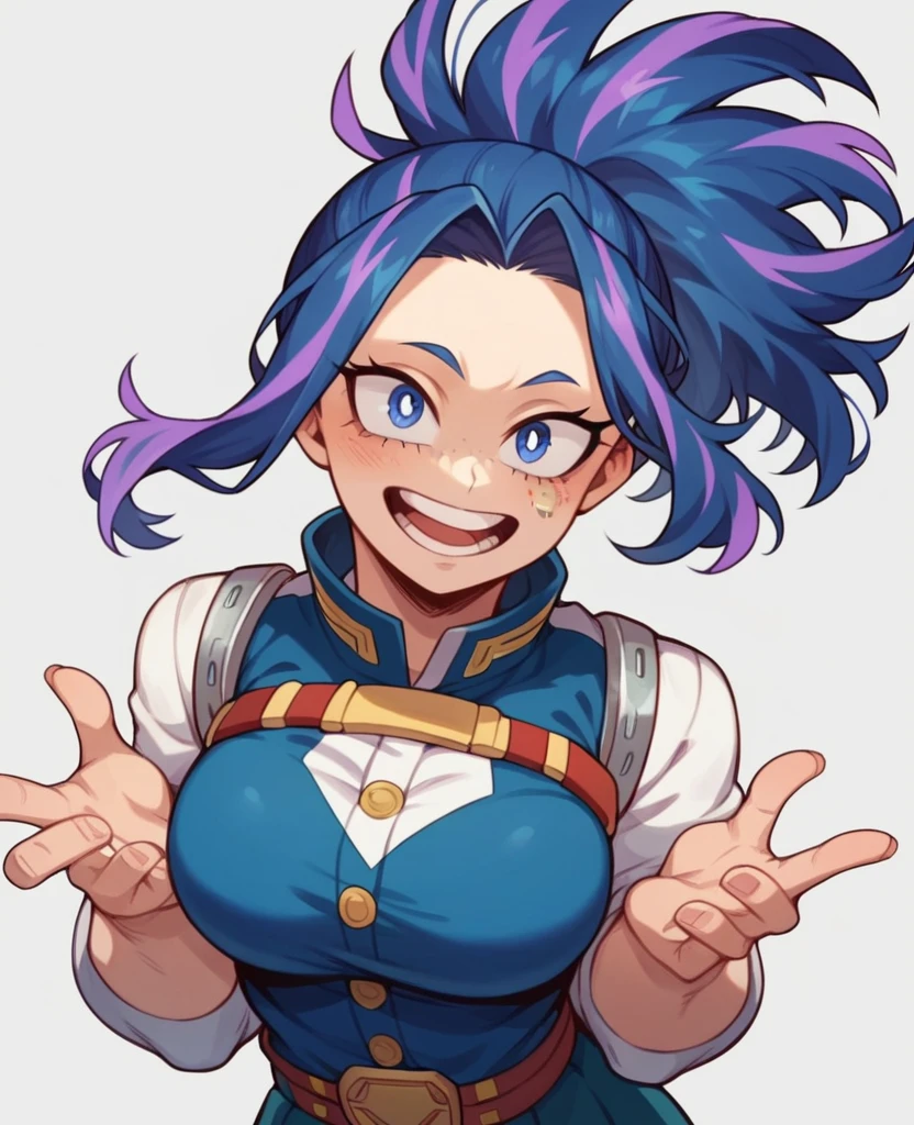 Screenshot of My Hero Academia, a girl with , Waist-length hair of almost black blue color with purple highlights, with sapphire blue eyes and purple shadow with a tender look with purple freckles and happy wearing the boku no hero academia UA style