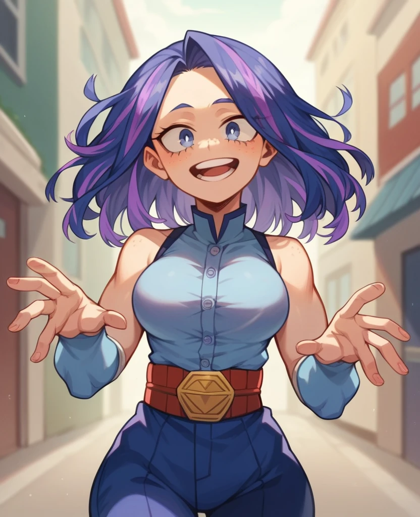 Screenshot of My Hero Academia, a girl with , Waist-length hair of almost black blue color with purple highlights, with sapphire blue eyes and purple shadow with a tender look with purple freckles and happy wearing the boku no hero academia UA style