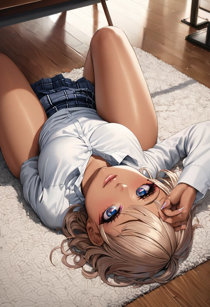nsfw,superrealistic anime,masterpiece,ultra detailed,8k,white dress shirt,school cardigan,(short plaid pleated skirt),curvy body,(tanned skin:1.1),(japanese gyaru),seductive cute face,silver panties,lying on back on carpet,knees up,painted toe-nails,makeup,at messy private room,left clothes on floor,wardrobe,desk,from above,(messy floor),short hair,frontshot,bright eyes