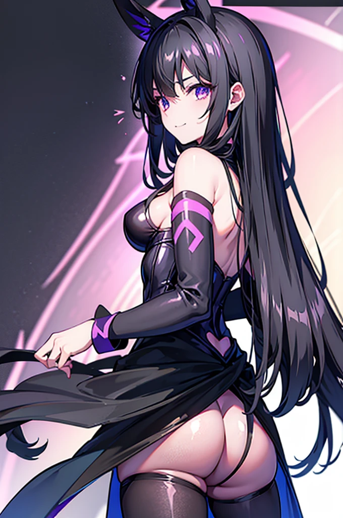 Highest quality Highest quality Draw a face carefully High-definition anime-style face Super Glowing Skin Long black hair Black leotard Purple hose Succubus lure smile Back view Rear view