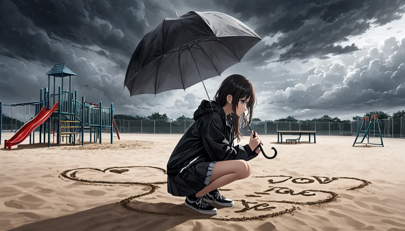 A dark and cloudy day with a sky full of dark clouds. A girl is crouching on the playground, holding an umbrella in one hand and writing i love you in the sand with her other hand.