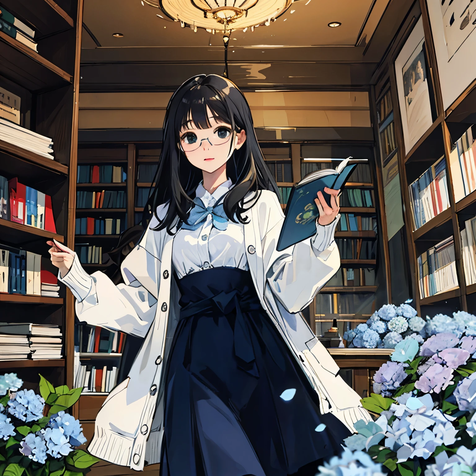 ((best quality)), ((masterpiece)), (detailed), 1 woman, girl surrounded by many books, long straight hair, black hair, Straight black hair that reaches below the waist, Elegant feeling, holding a book with a bookmark, Feeling mystical, background: old bookstore, white blouse, navy blue dress, Thick knit cardigan, [책으로 가득한 background], library, Holding black-rimmed glasses in hand, wooden old japanese building, blue hydrangeas