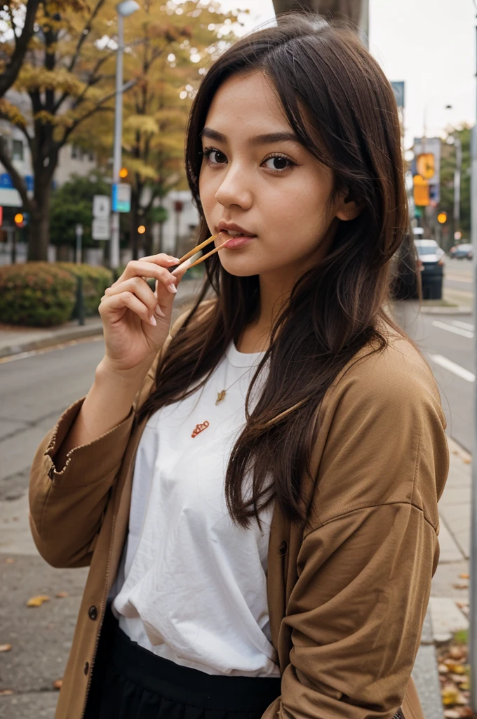 A girl wearing an autumn clothes while eating a Pocky 