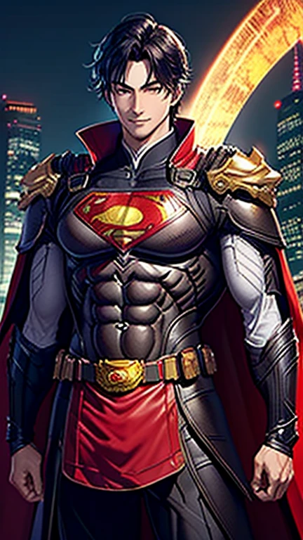 (highest quality, masterpiece, High resolution)、4K Anime Art、(1 handsome Japan man、20-year-old)、(cowboy_shot、Natural standing posture、)、 (Detailed depiction of a handsome face)、Happy smile、large chest、Short Hair、straight cut、 (Chinese armor style Superman costume, red cape)、(Dark midnight background)、((Gotham City Background))、