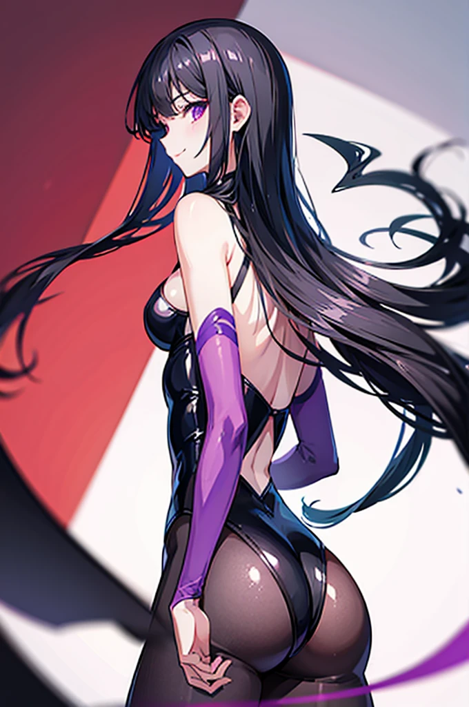 Highest quality Highest quality Draw a face carefully High-definition anime-style face Super Glowing Skin Long black hair Black leotard Purple pantyhose Succubus lure smile Back view Rear view