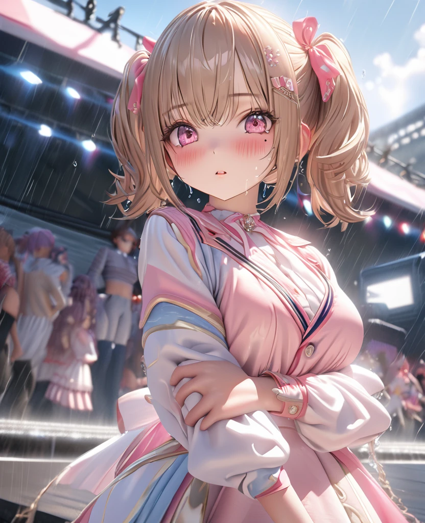 masterpiece, best quality, ultra detailed, high resolution, expensive resolution, HDR, 4k, 8K, uniform 8k wallpaper, ultra detailed CG, masterpiece, realistic, 2D, 3D, beautiful details, depth, fine texture, ultra fine: 1.3, perfectly in focus, crispy .skin, .he, very cute anime girl, idol, brown short twintail hair wearing expensive, Outdoor stage in heavy rain, soaking wet, her breasts visible through the fabric,one girl, one person, brown short twintail hair, idol, mole under eye, looking at the viewer, expensive, blush, mole, parted lips, hair accessory, heart shaped choker, pink eyes, choker