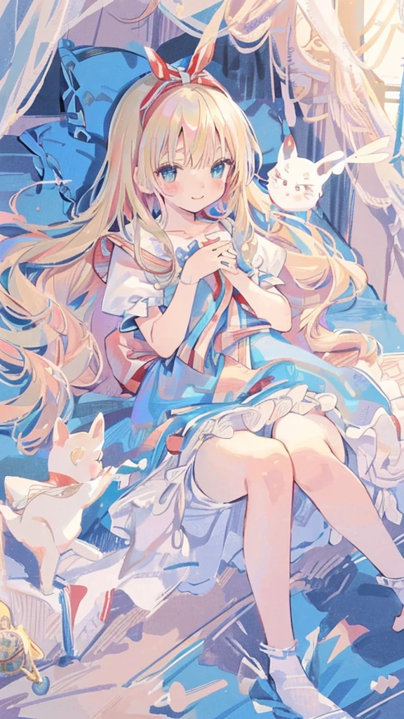 High resolution, (An illustration: 1.3), anime、((Highest quality)), (Very detailed), (beautiful), ((Detailed hotel large bed top:1.3)), alone,(:1.3)、Cute face、(alice in wonderland costume:1.4),White and clear skin、Blue ribbon on head、Shiny pale colorful blonde long hair,Masturbation,Face of joy、Spreading pussy