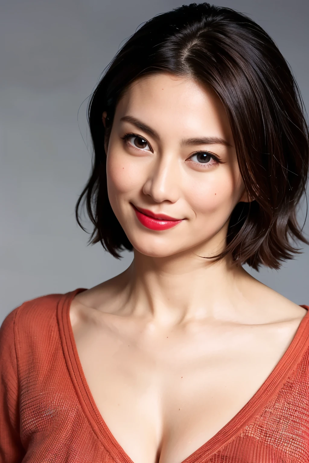 Highest quality, Realistic, Super detailed, High resolution, Plain background, 8k wallpaper, Beautiful Japanese Women, 1 person, Very cute and slim, Excellent style, Very delicate face, Super detailedな肌の質感, Red lipstick, Perfect Makeup, short hair, straggling hair, Gradient Hair, Super detailedな目と鼻, Sharp Eyes, Simple Background, Looking at the audience, Upper Body Shot, Cleavage, V-neck light knit