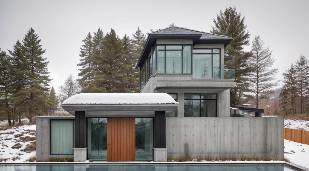 exterior of house, modern style, concrete wall, glass door, glass window, beatifull landscape, pool, snowy, realistic, highquality, masterpiece