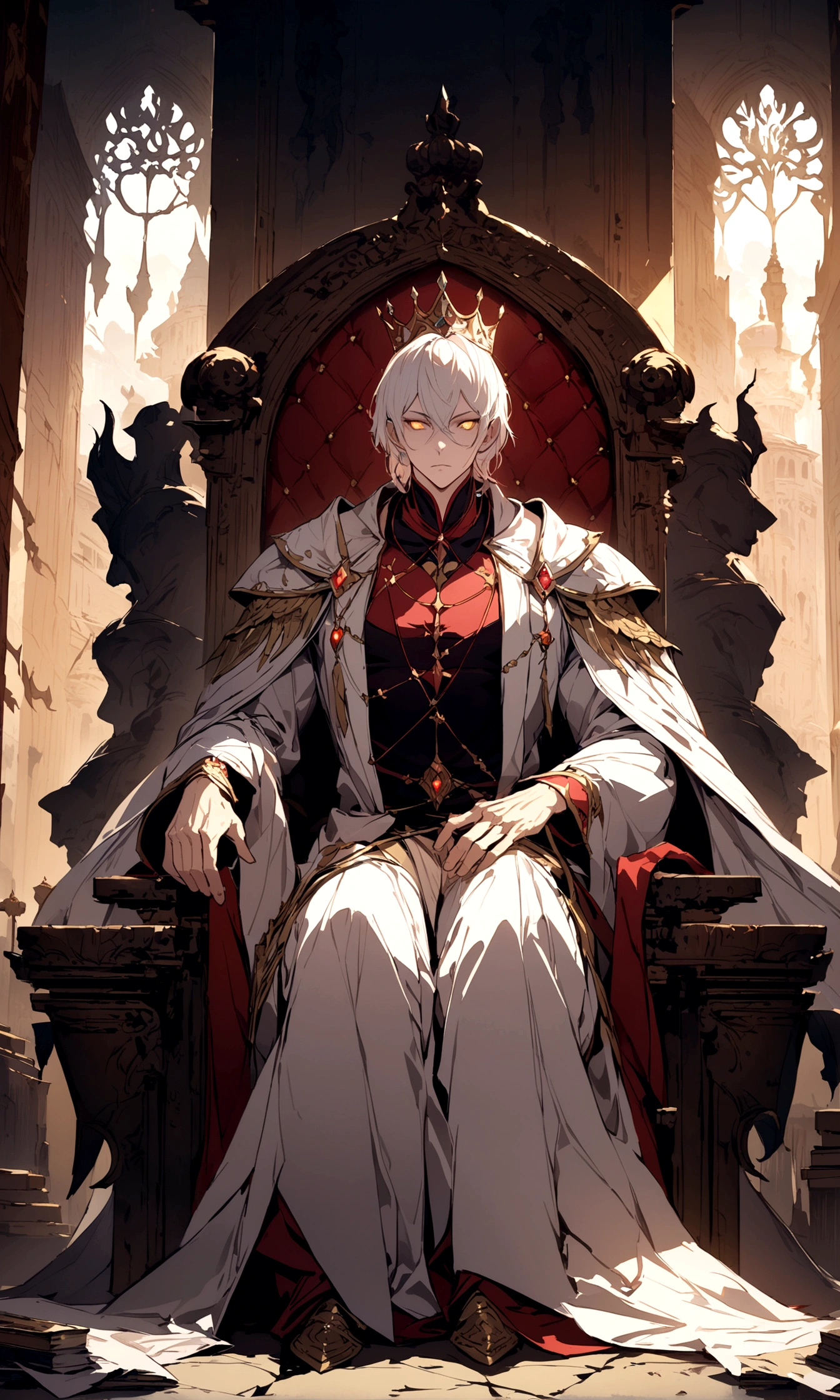 A white-haired, golden-eyed prince sits on a majestic throne inside an abandoned palace with crown. The environment around him is dark and gloomy, with cracks in the walls and cobwebs hanging there. The throne is ornate, with details in gold and precious stones, and is covered by a dusty cloth. The protagonist is wearing royal clothing, with a determined expression on his face, as he stares at the horizon with glowing golden eyes, masterpiece, best quality, ultra-detailed, illustration, 8k resolution concept art, fantasy art, epic art, concept art wallpaper 4k, deep color, natural lighting. adult, handsome, tall muscular guy, broad shoulders.