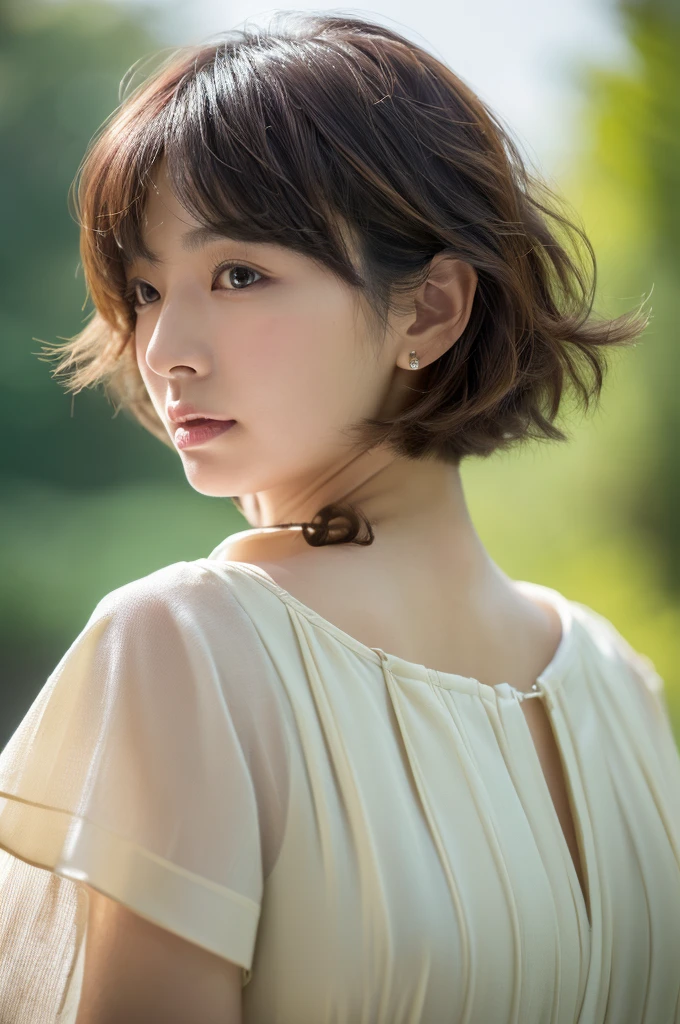 (Layered Haircut:1.2))、Short Wavy Hair、8K、(Raw photo)、(最high quality)、(フォトRealisticな:1.4)Realistic to the touch Realistic、(4Khigh resolution:1.2)、(High resolution, Tabletop, 最high qualityの, Attention to detail, formal: 1.4), (Realistic: 1.2, ハイパーRealisticな: 1.1, フォトRealisticなです: 1.37), Depth of written boundary, (Detailed description of the hair), (Detailed description of the face), Unparalleled beauty,, (Age 35,: 1.4)、I'm a little depressed、White wall、In front of a white door、((窓のあるWhite wallの部屋))、Natural soft light、short hair、Beaverhair、Realisticな、high resolution、high quality、profile、Various poses、profile、Beaver、Random Pause、Autumn Clothes、Winter clothes、 necklace
