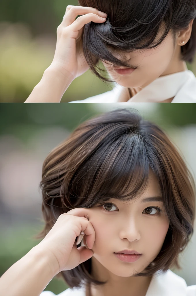 (Layered Haircut:1.2))、Short Wavy Hair、8K、(Raw photo)、(最high quality)、(フォトRealisticな:1.4)Realistic to the touch Realistic、(4Khigh resolution:1.2)、(High resolution, Tabletop, 最high qualityの, Attention to detail, formal: 1.4), (Realistic: 1.2, ハイパーRealisticな: 1.1, フォトRealisticなです: 1.37), Depth of written boundary, (Detailed description of the hair), (Detailed description of the face), Unparalleled beauty,, (Age 35,: 1.4)、I'm a little depressed、White wall、In front of a white door、((窓のあるWhite wallの部屋))、Natural soft light、short hair、Beaverhair、Realisticな、high resolution、high quality、profile、Various poses、profile、Beaver、Random Pause、Autumn Clothes、Winter clothes、 necklace